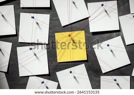 Square paper notes with red strings and pushpins on dark wall background, symbolizing detective investigation and business analysis concept. 3D Rendering