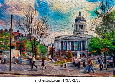Square with pedestrians and the Council House on background, in a bucolic summer day at Nottingham. A city famous for its link to the Robin Hood legend, in central England. Oil paint filter.