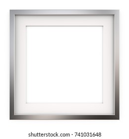 Square Picture Frame Of Metal. 3D Render Of Classic Square Metal Frame With White Passe-partout. Blank For Copy Space.