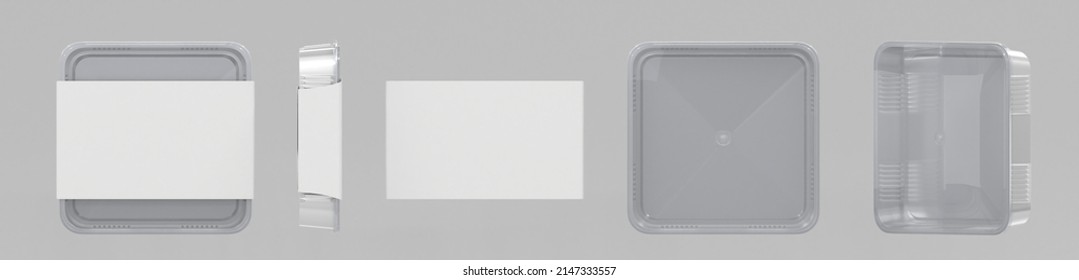 Square plastic disposable food container with transparent lid and empty white paper wrap top, side, and angle view. Realistic mockup of sushi delivery box, isolated meal lunch take away, 3d render