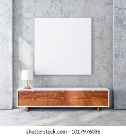 Square Poster Canvas Mockup Hanging On Concrete Wall In Modern Living Room With Wooden Bureau. 3d Rendering