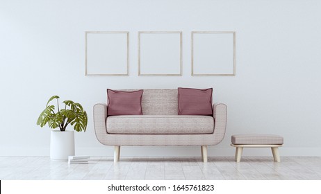 Square Poster Mockup With Three  Frames On Empty White Wall In Living Room Interior, Living Room, 3D Rendering