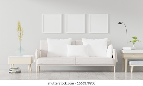 Square poster mockup with Three  frames on empty white wall in living room interior, Living room, 3D Rendering