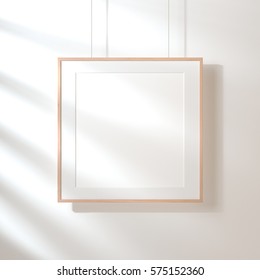 Square Poster With Wooden Frame Mockup Hanging On The Wall With Shadows, 3d 