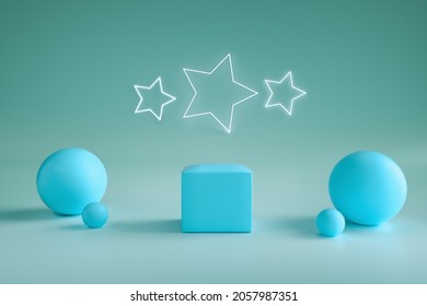 Square Puff And Spheres Around, In Blue Scene With Neon Stars, On Blue Background, 3d Rendering