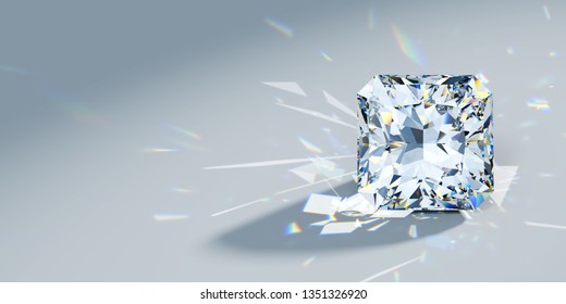 Square Radiant Cut Diamond With Beautiful Caustics Rays On Light Blue Background. 3D Illustration