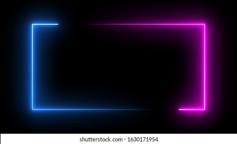 Square Rectangle Picture Frame With Two Tone Neon Color Motion Graphic On Isolated Black Background. Blue And Pink Light Moveing For Overlay Element. 3D Illustration Rendering. Empty Copy Space Middle