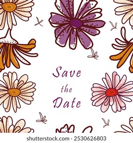 Square "Save the Date" background with hand drawn flowers on white background - Powered by Shutterstock