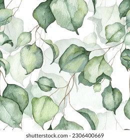 Square seamless pattern with green realistic leaves. Watercolor hand painted botany illustration for wallpapers and wrapping paper design