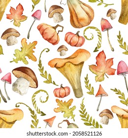 Square seamless pattern with watercolor autumn hand painted elements. Wilted gold coloured leaves, pumpkins and mushrooms. Background design template for greeting cards, packaging paper and wallpapers