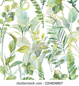 Square Seamless Pattern With Watercolor Realistic Green Leaves. Hand Painted Plants On A White Background. Template For Backdrop And Wrapping Paper