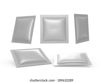 Square Silver Foil Heat Sealed Packet  With Clipping Path, For Sweet, Snack, Milk Bar, Coffee, Salt, Sugar, Medicine Drug, Cooling Gel Patch, Condom, Seed, Or Paper Wipe, Ready For Your Design 