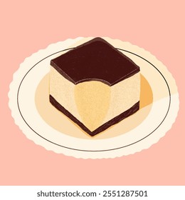 A square slice of Basque cheesecake with a slightly burnt top and a creamy, custard-like interior. The cheesecake is resting on a small, decorative plate with a pink background.