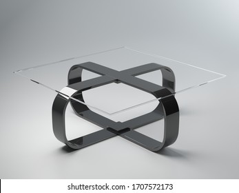 Square Table With Glass Top And Metal Legs In Chrome Colors. 3D Modeling And Visualization Of A Coffee Table On A Gray Background. 3D Rendering