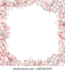 Square template base with watercolor pink hydrangea flowers. The template is suitable for creating cards, wedding invitations, gift certificates. - Powered by Shutterstock