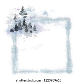Square Template Decorated with Pine Trees in a Fog. Watercolor Texture Scenic Landscape for Card, Invitation, Poster, Mailer, Flyer, Announcement, etc.