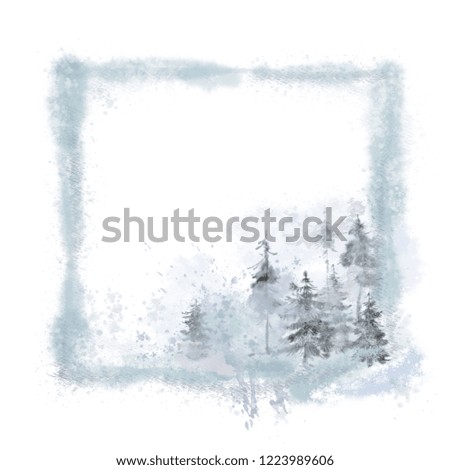 Square Template Decorated with Pine Trees in a Fog. Watercolor Texture Scenic Landscape for Card, Invitation, Poster, Mailer, Flyer, Announcement, etc.