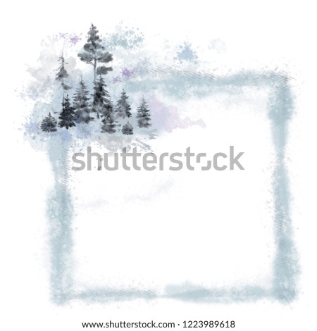 Square Template Decorated with Pine Trees in a Fog. Watercolor Texture Scenic Landscape for Card, Invitation, Poster, Mailer, Flyer, Announcement, etc.