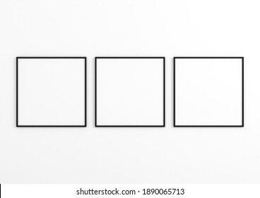 Square Three Black Frame Mockup. Three Minimalistic Black Frames Poster On Clean White Wall.