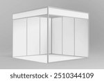 Square trade show booth render. Blank tradeshow exhibition booth renders on grey background showing perspective view. 3d render. 3d illustration.