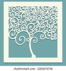 Square tree with curls. Decorative panel for cutting paper cards, design elements, scrapbooking and other. Laser cut. Rasterized version