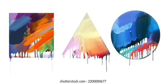 Square, Triangle And Circle Stains With Smudges. Geometric Shapes Isolated On White. Paint Smudge. Mixing Colors