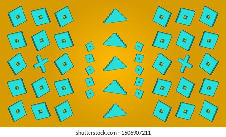 Square and Triangle Shapes, Abstract Shapes, Orange, Yellow and Light Blue Background. Plus Sign, Pyramid Shapes Pattern. Different Elements Background.