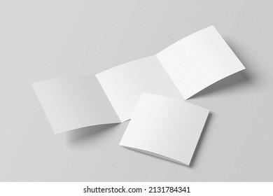Square trifold brochure, flyer, or invitation card mockup. Empty blank space 3D rendering object. Realistic Illustration.