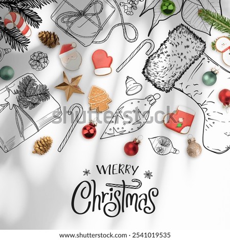 Square visual with Merry Christmas text, raster and illustrated Christmas elements on top. Elegant hand drawn and real Christmas design elements for a modern and beautiful design project. 