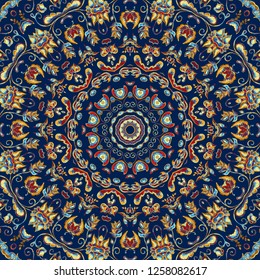 Square watercolor pattern for textile, ceramic tiles and design. Oriental vintage round motif. Colorful painting kaleidoscope mandala. Hand drawn abstract pattern, print, seamless  background.