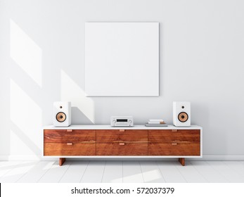 Square White Canvas Mockup Hanging On The Wall, Hi Fi Micro System On Bureau,3d Rendering