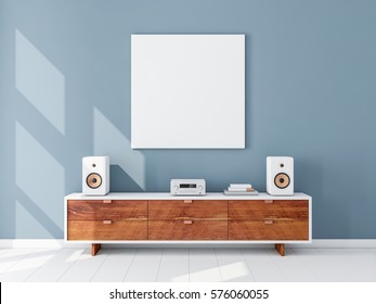 Square White Canvas Mockup Hanging On The Blue Wall, Hi Fi Micro System On Bureau, 3d Rendering