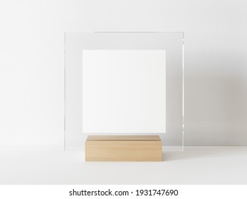 Square white menu with transparent frame on a light wood stand. Card display promotion and information for customer, picture stand,sign holder and photo frame template. 3D illustration