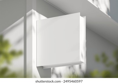 Square white mock up signboard on building wall mounted, side view. City copy space banner for advertising and business commercial. 3D rendering