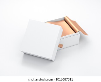 Square White Opened Box Packaging Mockup With Gold Wrapping Paper, 3d Rendering