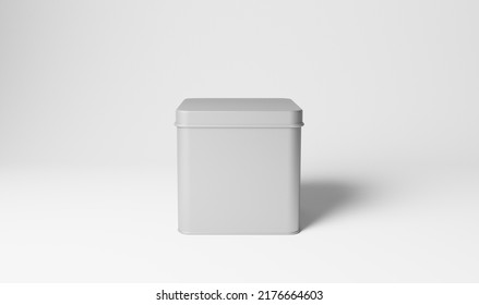 Square White Tea Tin Mockup. Isoalted Metal Can. 3d Rendering