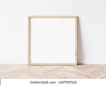 Square Wood Frame Mockup. Wood Frame On Wood Floor. 3d Illustrations.