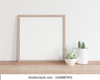 Square Wooden Frame Mock Up With Green Cactus. 3D Illustrations.