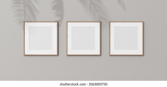 Square wooden frames with passe partout on white wall. 3D render wooden frame mock up in the empty interior. 3D illustrations. Shadow on the wall. Place for your text. Template for design.	