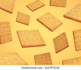 Square yellow cookie falling on beige background, 3d render