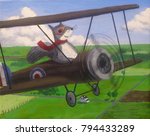 A squirrel pilots a vintage  plane.  Rodent pilot flies a Sopwith Camel over the countryside.  Vintage World War 1 plane.