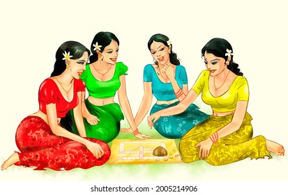 Sri Lanka traditional Sinhala and Tamil New Year celebrations. Illustration of pretty Sri Lankan girls playing