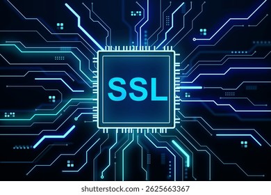 SSL encryption chip glowing with digital light circuits, creative futuristic style on dark background. Concept of secure internet connection. 3D Rendering