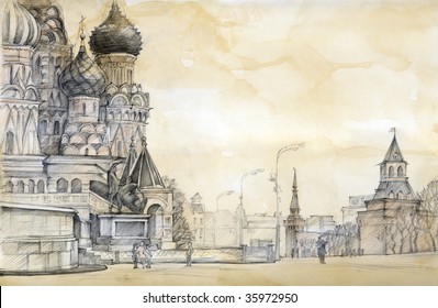 St  Basil Cathedral Red Square in Moscow  Russian Federation  Drawing