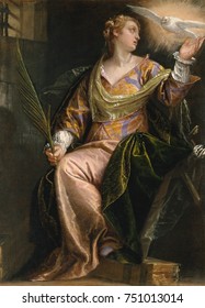 ST. CATHERINE OF ALEXANDRIA IN PRISON, By Paolo Veronese, 1580_85, Italian Renaissance Painting. The Young Saint Is Comforted By The Dove Of The Holy Ghost In Her Dark Prison Cell. At Right Are Fragme