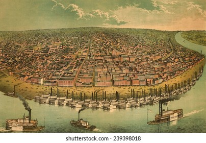 St. Louis, Missouri, As Seen From Above The Mississippi River. 1850s Bird's Eye View Shows The Active Waterfront With Steamboats. St. Louis Was The Entry Point To The Western Frontier.