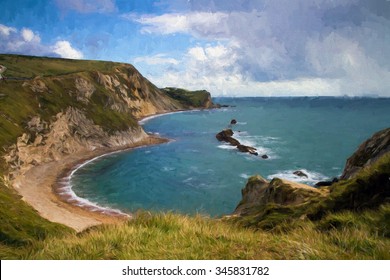 St Oswalds Bay and Dorset coast next to Durdle Door England UK illustration like oil painting