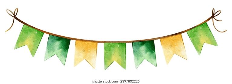 St Patrick Day decor, green and orange green bunting pennants isolated white background for holiday, print, greeting card, poster, banner. Digital watercolor illustration - Powered by Shutterstock