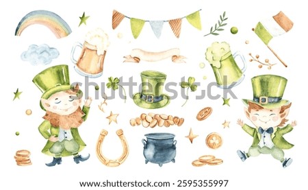 St Patricks day design elements set. Irish Flag, Pot with Gold coins, Leprechaun, Ale Mug, Golden Horseshoe and Bunting Party Flags and lucky shamrock. Hand drawn Watercolor illustration isolated on a