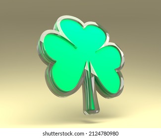 St. Patricks Day Greeting Card Template. Shamrock Leaf Icon With Glass Outline. 3D Render